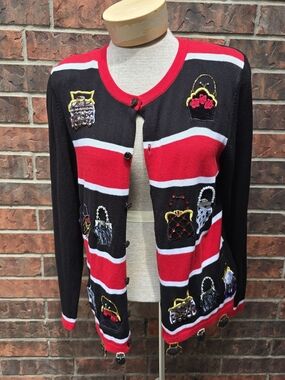 JUST B Cardigan Sweater Sz M w/Colorful Purses Beads Gems ~Women’s~Cotton Blend